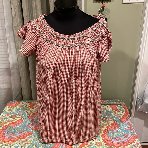 NWOT Max Studio Checkered Peasant Top - Picture 1 of 9
